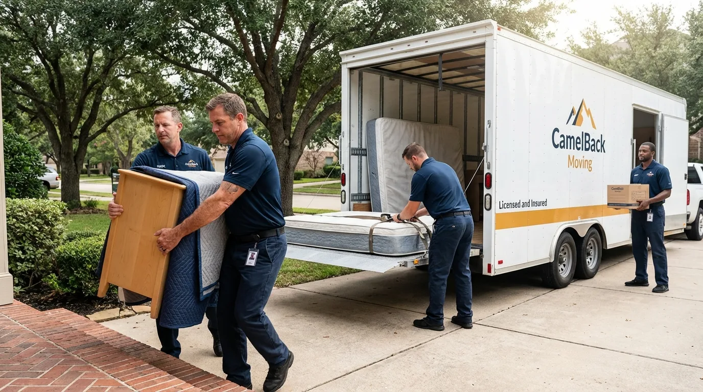 Crew loading residential truck for cross-state move from Buda, TX