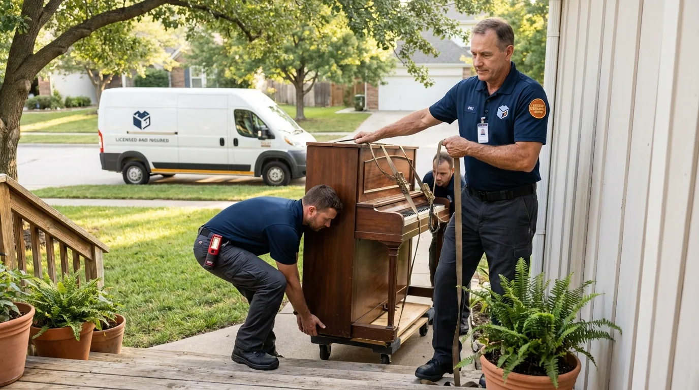 Licensed piano movers securing grand piano in Buda, TX
