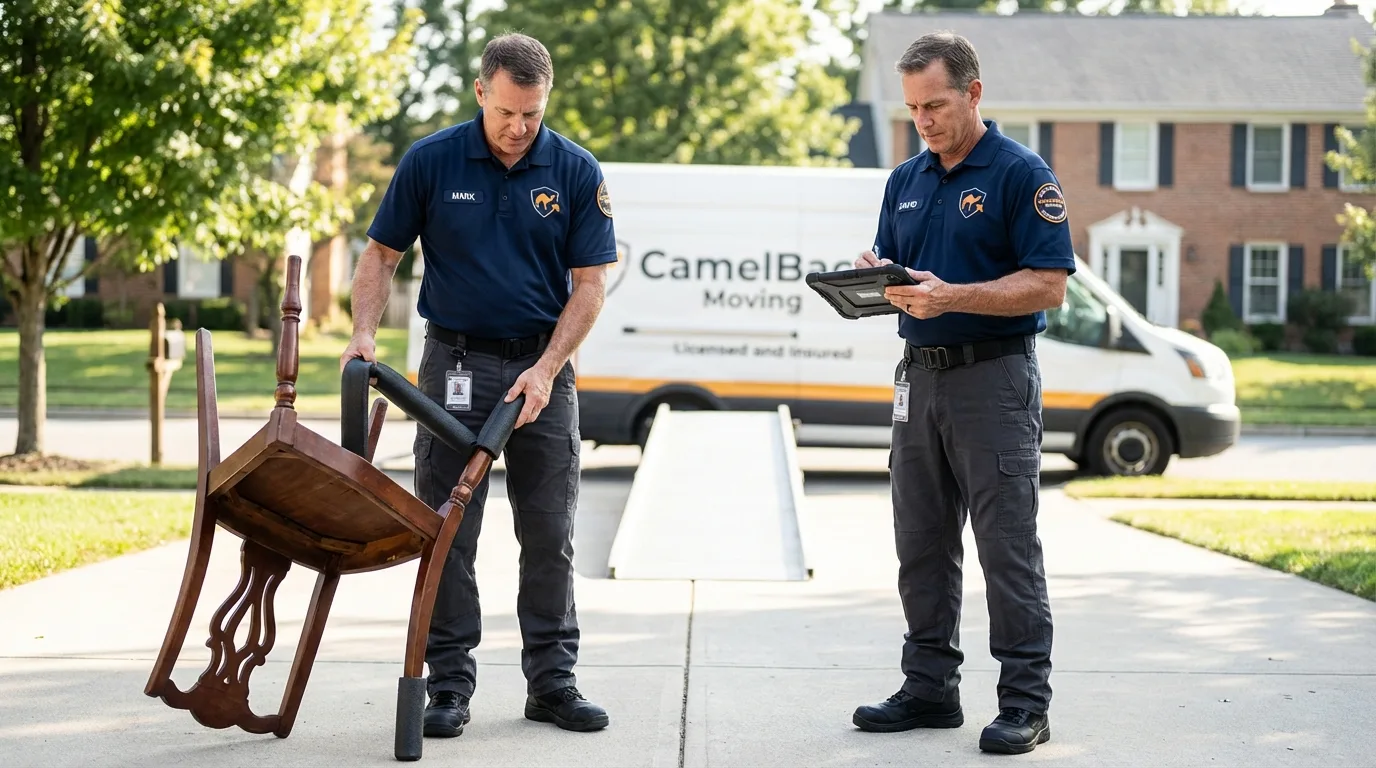 Movers inspecting furniture for damage prevention before loading in Buda, TX