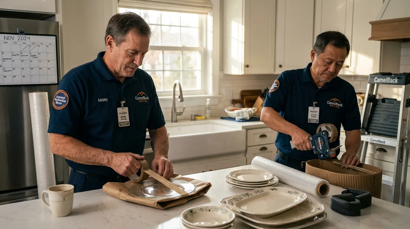 Professional crew packing kitchen dishware in Buda, TX